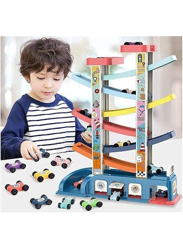 AM ANNA Car Ramp Toy Race Track Car, Montessori Educational Gliding Car Toy Car Slide with 6 Ramps 8 Mini Cars,Racing Car Toys for Kids Boys Girls Parking Lot for Toddler