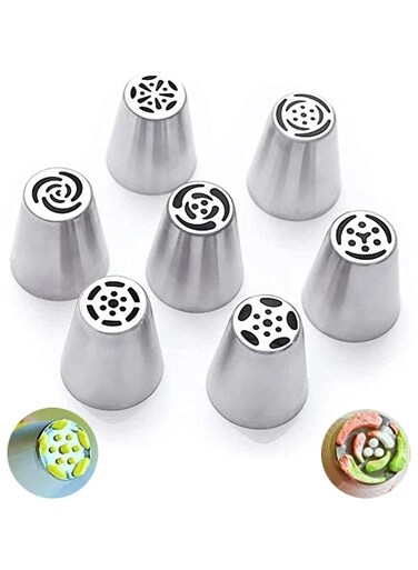 7PCS Russian Piping Nozzles, Stainless Steel Cake Decorating Tips Set (Silver)