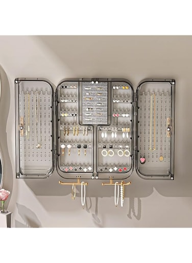 Wall Mounted Jewelry Cabinet, Plastic Jewelry Storage Cabinet with Door for Women Girls, Hanging Jewelry Organizer, Large Capacity Jewellery Storage Box Bin for Necklace/Earring/Ring/Bracelet (Grey)