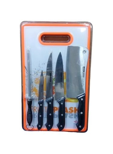 Saqoware Premium Plastic Cutting Board Set with Built-In Sharpener, 3 Small Stainless Steel Knives, and Cleaver - Complete Kitchen Utensil Set for Effortless Meal Preperation (Compo Pack)