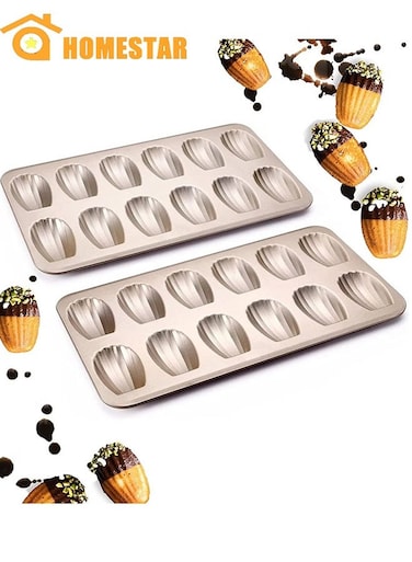 2 PCS Madeleine Mold Cake Pan, 12-Cavity Shell Shape Madeline Bakeware, Nonstick Madeleine Mold Cake Pan for Oven Baking, Gold