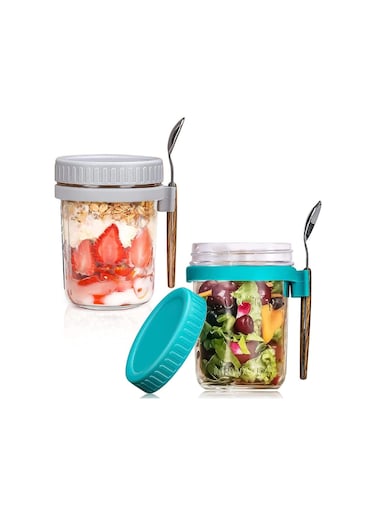 Oats Jars with Lid and Spoon, 2PCS 350ml Large Capacity Airtight Oatmeal Container with Measurement Marks, Wide Mouth Portable Jars Breakfast Container for Salads Yogurt Cereal Milk