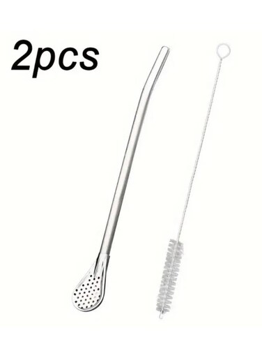 Stainless Steel Multi-Purpose Straws and Spoons, Reusable Straws with Filter Spoons, Cleaning Brush Set