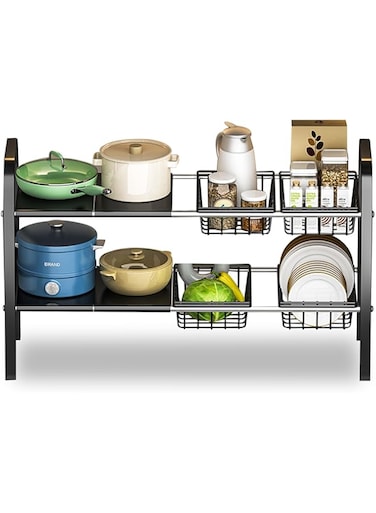DAYONG Under Sink Organizers and Storage, 2 Tier Expandable Under Cabinet Shelf with Removable Panels &amp; Basket, Under Sink Storage Rack for Kitchen, Bathroom, Cupboard