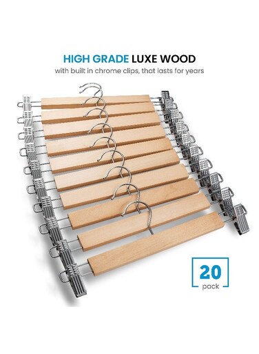 High-Grade Wooden Pants Hangers With Metal Clips Grip Clip Pants Hanger, Smooth Finish Solid Wood Jeans/Skirt Hanger, 360&Acirc;&deg; Swivel Hook - Clip Hanger For Pant, Skirts, Slacks - 20 Pack, Natural Natural Natural 40x40x20 cm