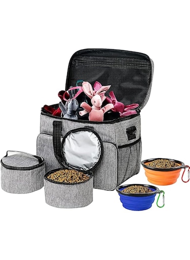 PawPawU&reg; Dog Travel Bag, Weekend Pet Supplies Tote Organizer with 2 Food Containers and 2 Collapsible Bowls for Cats and Dogs, Multiple Pockets Keep Organization Easy