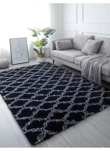 COMFY SOFT &amp; FLUFFY ANTI SKID LIVING/BEDROOM CARPET BLACK WHITE 160 X 210 CM