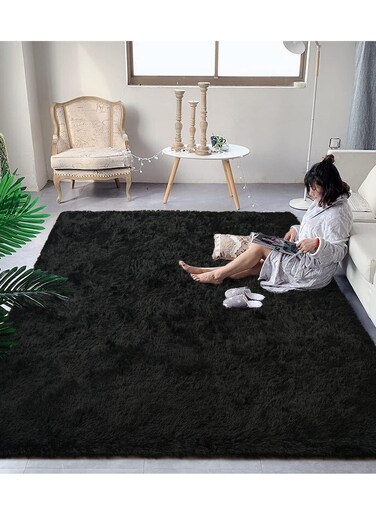 COMFY ANTI SKID BEDROOM/LIVING ROOM BLACK FUR SOFT &amp; FLUFFY CARPET 160X210 CM
