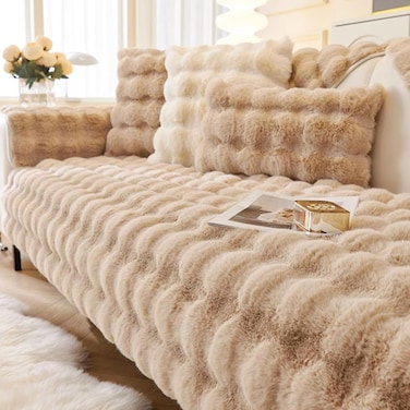 Comfy Soft And Comfortable Faux Fur Khaki 3Pc 210x90Cm Sofa Cover/Topper