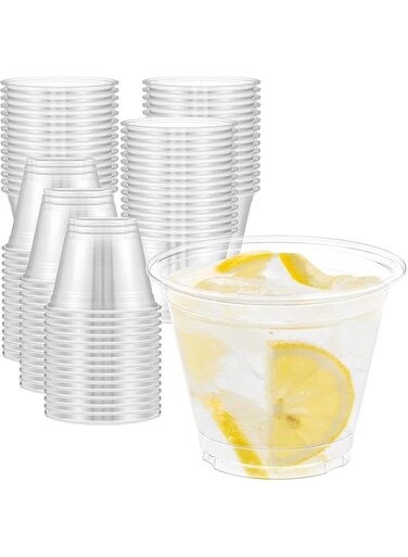 100 Pack 9 oz Reusable Plastic Cups,Sturdy &amp; Food Safe Clear Cups PET Plastic Drinking Cups for Party &amp; Wedding, Clear Cocktail Cups for Cold Drinks (50 Pack)
