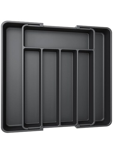 Durable Kitchen Drawers, Expandable Kitchen Utensil Organizer, Large Capacity Silverware Drawer Organizer, Adjustable Cutlery and Flatware Tray, Spoons Forks Knives Holder Storage Dividers, Black