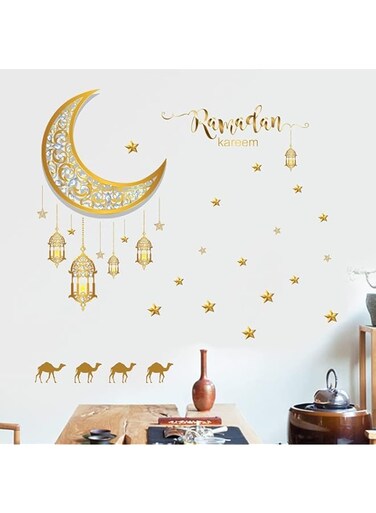 Sulfar Ramadan Wall Stickers,Ramadan Kareem Islamic Muslim Wall Decor Stickers Eid Mubarak Lantern Camel and Moon Star Decorations for Living Room Bedroom Windows (Gold A)