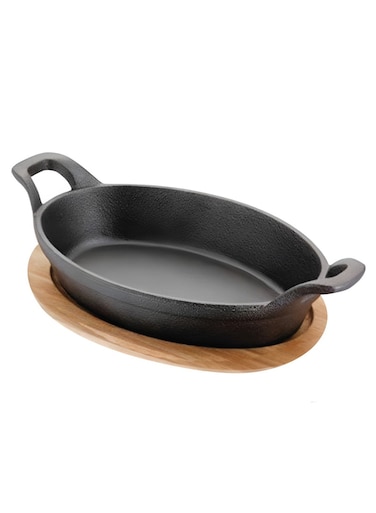 18cm Black Cast Iron Mini Oval Skillet With Wooden Sizzler Plate Serving Dish For Fajitas Steaks And Oven Safe Indoor Outdoor Restaurant Cookware Pan