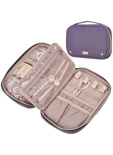 NISHEL Travel Jewelry Case, Travel Organizer for Necklaces, Earrings, Rings, Bracelets, Watch, Purple