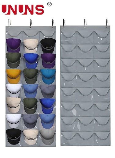 Hat Rack,24 Deep Pockets Hat Organizer,Hat Racks For Baseball Caps, Visible Hat Holder,Baseball Hat Rack For Wall Door With 3 Hooks,Gray