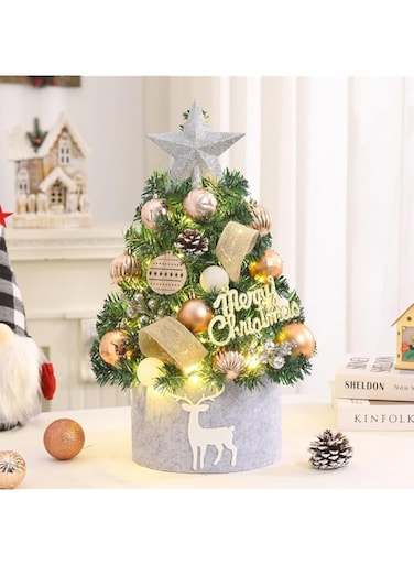 Duukoa Mini Christmas Tree with lights and ornaments Santa Tree Seasonal Holiday Decoration Tree for Home, Office, Party（50 cm） (champagne)