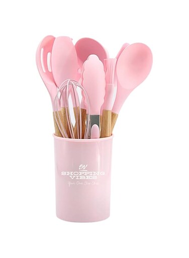 SHOPPING VIBES Your One Stop Shop 12PCS Kitchen Utensil Set Silicone Cooking Utensils Kit Spatula Heat Resistant Wooden Spoons Gadgets Tool for Non-Stick Cookware (Pink)