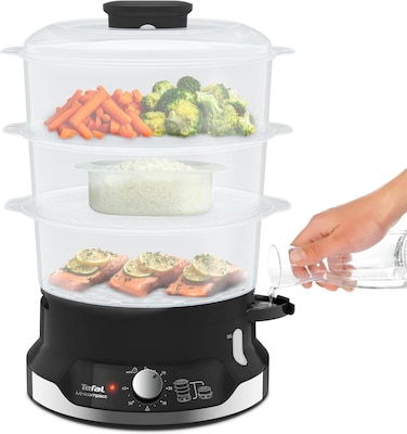 Tefal Ultracompact Steam Cooker, 3-Tier Food Steamer, Stackable Storage System, BPA-Free Bowls, 60-Min Timer, Refill While Steaming, Rice Accessory, Removable Cooking Bowls, Black, VC204865