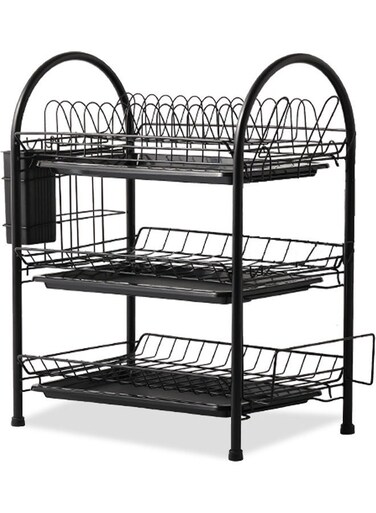 3-Tier Dish Drying Rack With Removable Drain Board Black 51.5x16x26cm