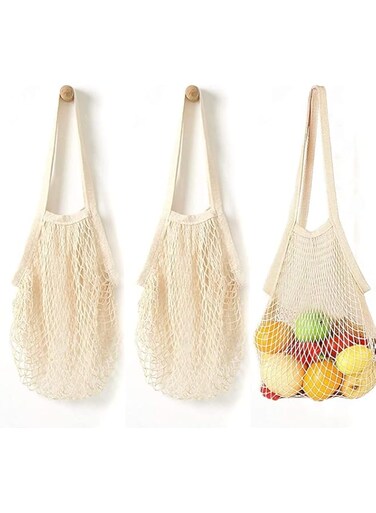 SYOSI Reusable Net String Shopping Bags, 3 Pack Grocery Mesh Bags Portable, Washable Organic Cotton String Produce Net Tote Bags with Handbag for Fruit Vegetable Storage (White)