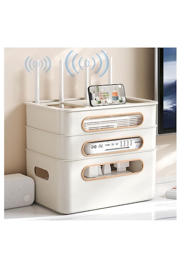 WiFi Router Storage Box，Hider Cord Management Container，Multi Function Cable Storage Box，Practical Router Box Set Top Box，for Home Office Router Cable WiFi Router (3 Layers, Apricot)