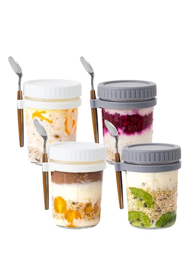 Overnight Oats Container with Lid and Spoon, 4PCS 350ml Overnight Oats Jars, Breakfast Container, Cereal, Milk, Vegetable and Fruit Salad Storage Container with Measurement Marks