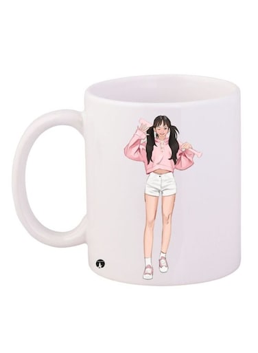 Cartoon Girl Printed Coffee Mug White/Pink/Beige