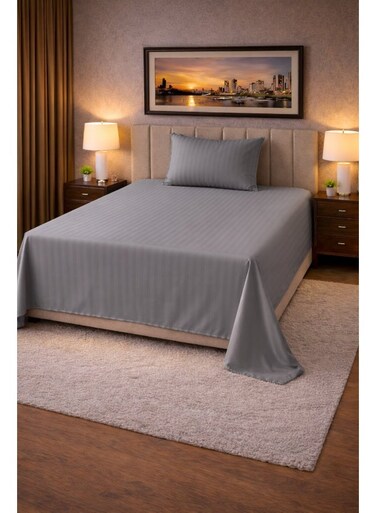 2&acirc;&euro;&lsquo;Piece Striped Microfiber Flat Bed Sheet Set Single 160x220cm &acirc;&euro;&ldquo; Soft Breathable Flat Sheet with 1 Pillowcase 50x70cm, Grey Microfiber Grey 160x220cm