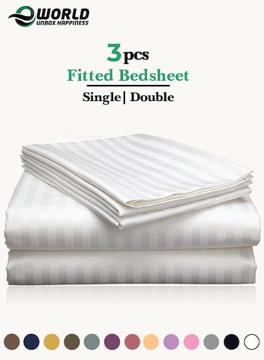 3 Piece Luxury White Striped Bed Sheet Set with 1 Deep Pocket Fitted Sheet and 2 Pillowcases for Hotel and Home Crafted from Ultra Soft and Breathable Microfiber for Year-Round Comfort, (Single/Double)