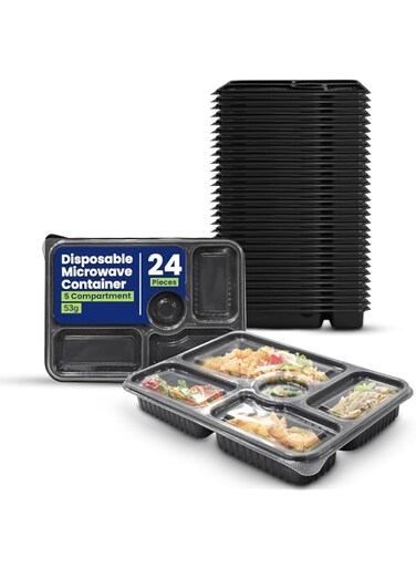 SNH Packing 24 Pieces Microwave Disposable Container With Lid Rectangular - 5 Compartment Meal Prep Container Set - Plastic Container For Kitchen Food Storage - Take Away Containers For Lunch Boxes