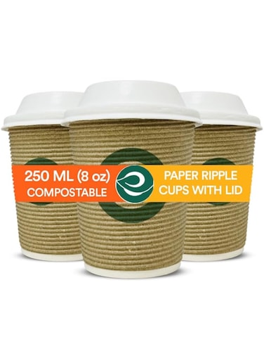 ECO SOUL [250 ml, 25 Count ] Disposable Ripple Paper Cups with Lid   Plastic-Free Aqueous Coated   Eco-Friendly &amp; Biodegradable Hot Cups   Use &amp; Throw Party Glasses   Ideal for Tea &amp; Coffee   500 GSM