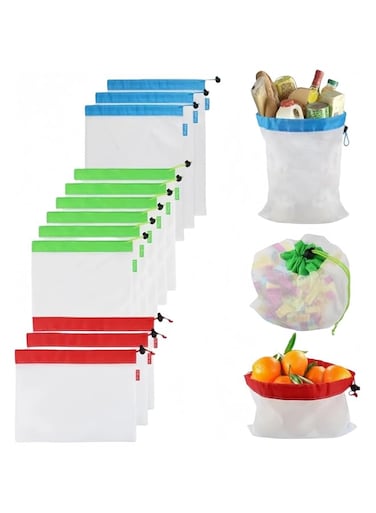 12 Pieces Reusable Bags, Mesh Pouch Toy Storage Bags Drawstring Washable Organization 3 Large 6 Medium 3 Small for School Office, Puzzles Games Storage(Blue, Green, Red)