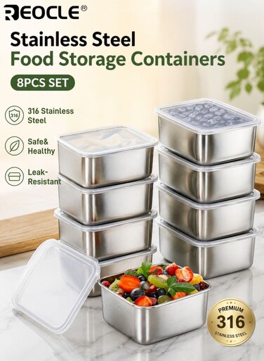 8PCS 720ML Stackable Food Container Set with Stainless Steel Material and BPA Free Design Kitchen Storage Organizers with Dishwasher Safe Feature for Pantry Kitchen Use