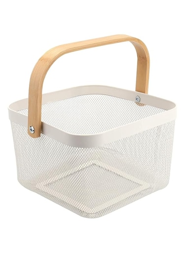 AJIODA Metal Mesh Steel Basket, Storage Organizer Basket Multi-functional Hanging Kitchen Baskets Fruit Basket Bin with Bamboo Handle for Kitchen Bathroom Picnic Decor Cabinet ., White