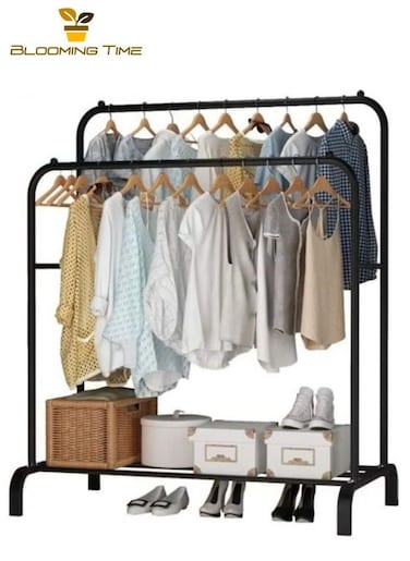 Double-Layer Floor-To-Ceiling Drying Rack With One-Layer Storage Rack, Adjustable And Retractable, Anti-Rust, Environmentally Friendly, Large-Capacity, Black