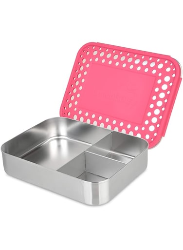 LunchBots Large Trio Stainless Steel Lunch Container -Three Section Design for Sandwich and Two Sides - Metal Bento Lunch Box - Eco-Friendly - Stainless Lid - Pink Dots