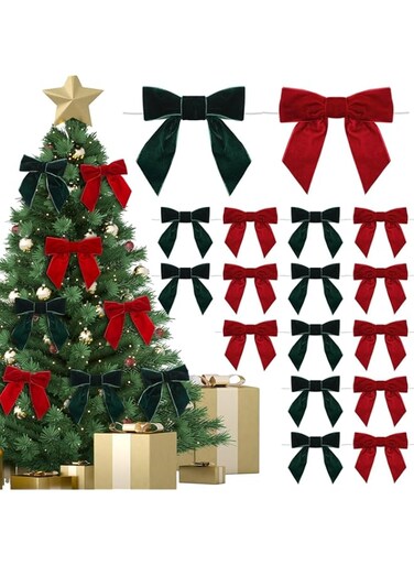 NimbusNote 24 Pcs Velvet Christmas Bows for Christmas Tree, Rustic Crafts Gift Velvet Ribbon Bows, Twist Tie Bows for Xmas Wreaths Garland Gift Wrapping Wedding Decor(Red,Green)