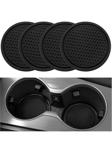 Car Cup Coaster, 4PCS，Car Interior Accessories,Water coaster Creative car adsorption coaster storage tank mat commonly used round non-slip mat car water coaster，Black