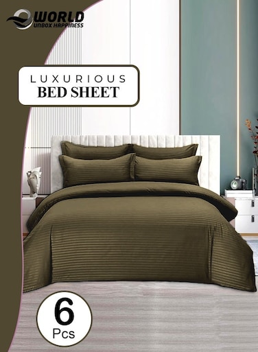 6-Piece Premium King Size Bedding Set, Olive Green Striped Design-1 Full/King Size Luxury Bedsheet with Stripped Pattern with 1 Soft Duvet Cover and 4 Pillowcases &acirc;&euro;&ldquo; Suitable for Home and Hotels