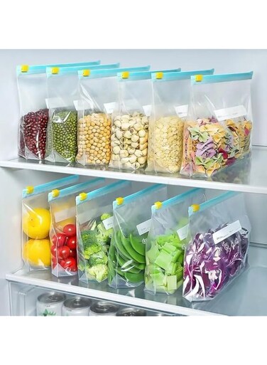 OVILINES 15pcs Reusable Food Storage Bags with Blue Zipper Tabs - Transparent, PE Material, Leakproof Seal for Freshness - Ideal for Fridge Organization, Kitchen Use, Kitchen Organization-Transparent