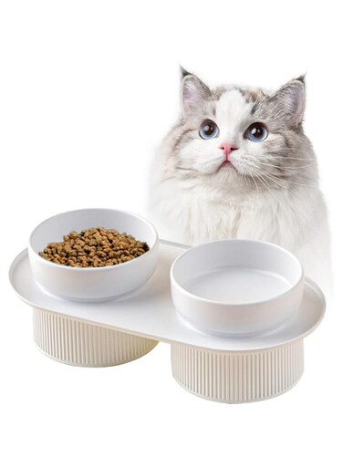 NeoStyle Ceramic Cat Bowl, Tall To Protect The Cervical Spine Anti-Spill Pet Bowls, Detachable Ceramic Water Bowl Food Bowl (white, Double bowl)