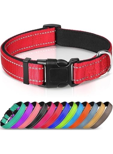 SWIUKPHE Reflective Dog Collar,Soft Neoprene Padded Breathable Nylon Pet Collar Adjustable for Medium Dogs,Red,M