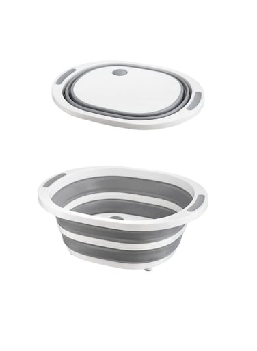 4-in-1 Collapsible Multi-Functional Chopping Board, Foldable Sillicone Washing Up Bowl Vegetable Fruit Strainers Wash Basin Basket, Ice Bucket Sink Bowl Folding Drain Tub, Space Saver (Grey)