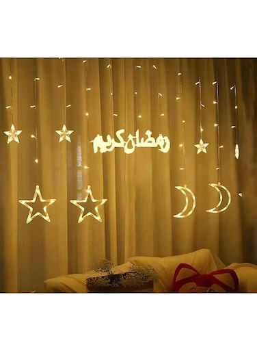 Festive Lights - Stars &amp; Crescent Moons Curtain Lights with Eid Mubarak LED Light - Perfect for Ramadan &amp; Eid Home D&eacute;cor