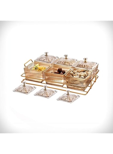Duomama 6-Piece Snack Serving Tray Set with Lid and Metal Rack - Clear Candy Nut Containers for Dried Fruit, Desserts, and More - Food Display Bowls for Organized Serving and Storage