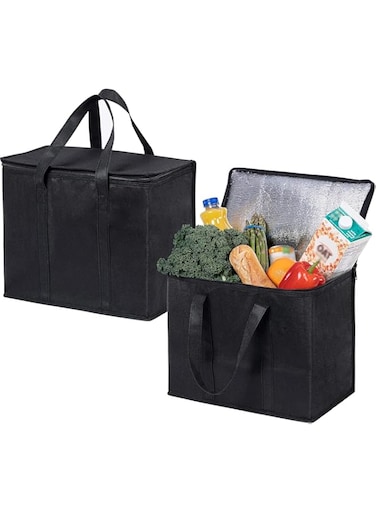 Silk Route - Insulated shopping bags with sturdy zippers for hot &amp; cold food, groceries and food delivery. Durable, heavy duty, large size, upright stand, collapsible. 2-Pack, black
