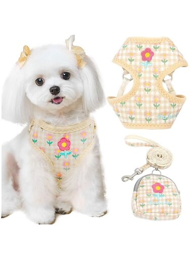 NALACAL Harness and Leash Set, Cute Small Dog with Bag Soft Breathable No Pull, Puppy Cat Harness with Leads Kit Plaid Flower, Pet Vest Harness for Small Dogs Cats Rabbits Shih Tzu Yorkies (Beige)