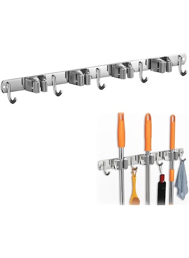 Stainless Steel Wall Mount Broom &amp; Mop Holder Organizer with 3 Racks 4 Hooks for Kitchen, Garden, Laundry, Garage - Durable, Space-Saving, Easy Installation