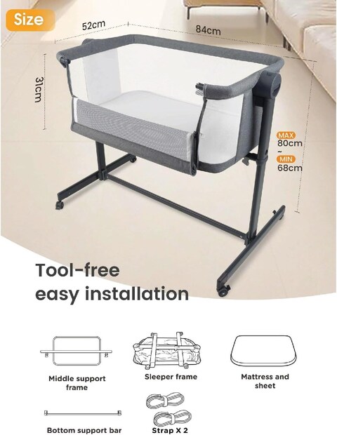 Lovely Baby Bed Bassinet LB 399, Infant Bed with Mattress, Air-flow Transparent Mesh, Lockable Wheels, 5-Adjustable Height, Age 0-6 M - Grey