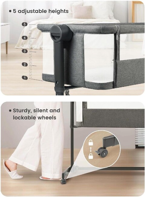 Lovely Baby Bed Bassinet LB 399, Infant Bed with Mattress, Air-flow Transparent Mesh, Lockable Wheels, 5-Adjustable Height, Age 0-6 M - Grey